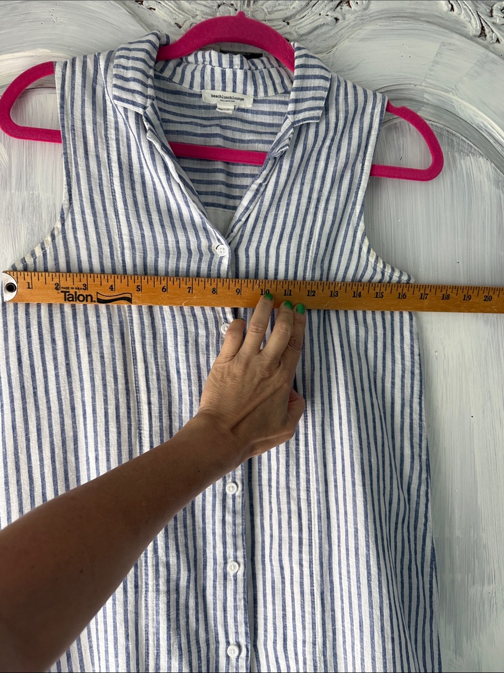 BEACH LUNCH LOUNGE SLEEVELESS 100% Cotton & Linen Blue Stripe ButtoN Dress Med - Picture 2 of 11